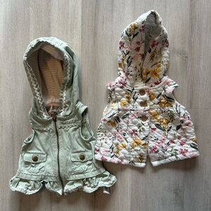 Baby Girl Hooded Vests - Sage Green and Floral, 0-3 Months